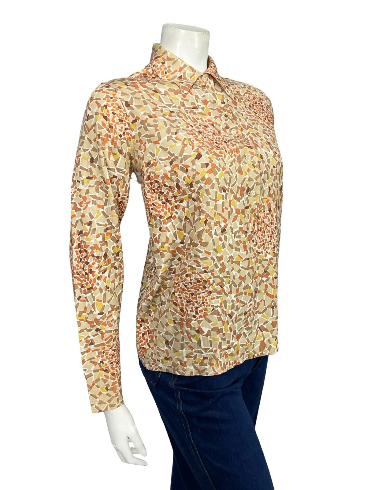 VTG 60S 70S BEIGE YELLOW BROWN ORANGE MOD GEOMETRIC DAGGER KNIT SHIRT 14