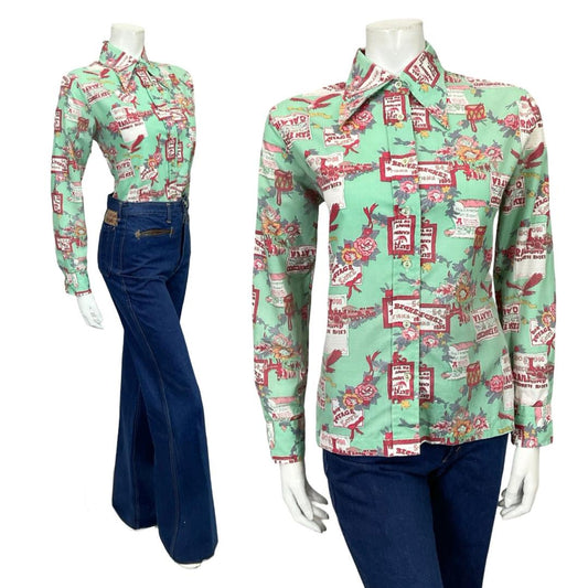 VTG 60S 70S TEAL BLUE PINK PURPLE FLORAL DRUM SIGN BIRD DAGGER SHIRT 12