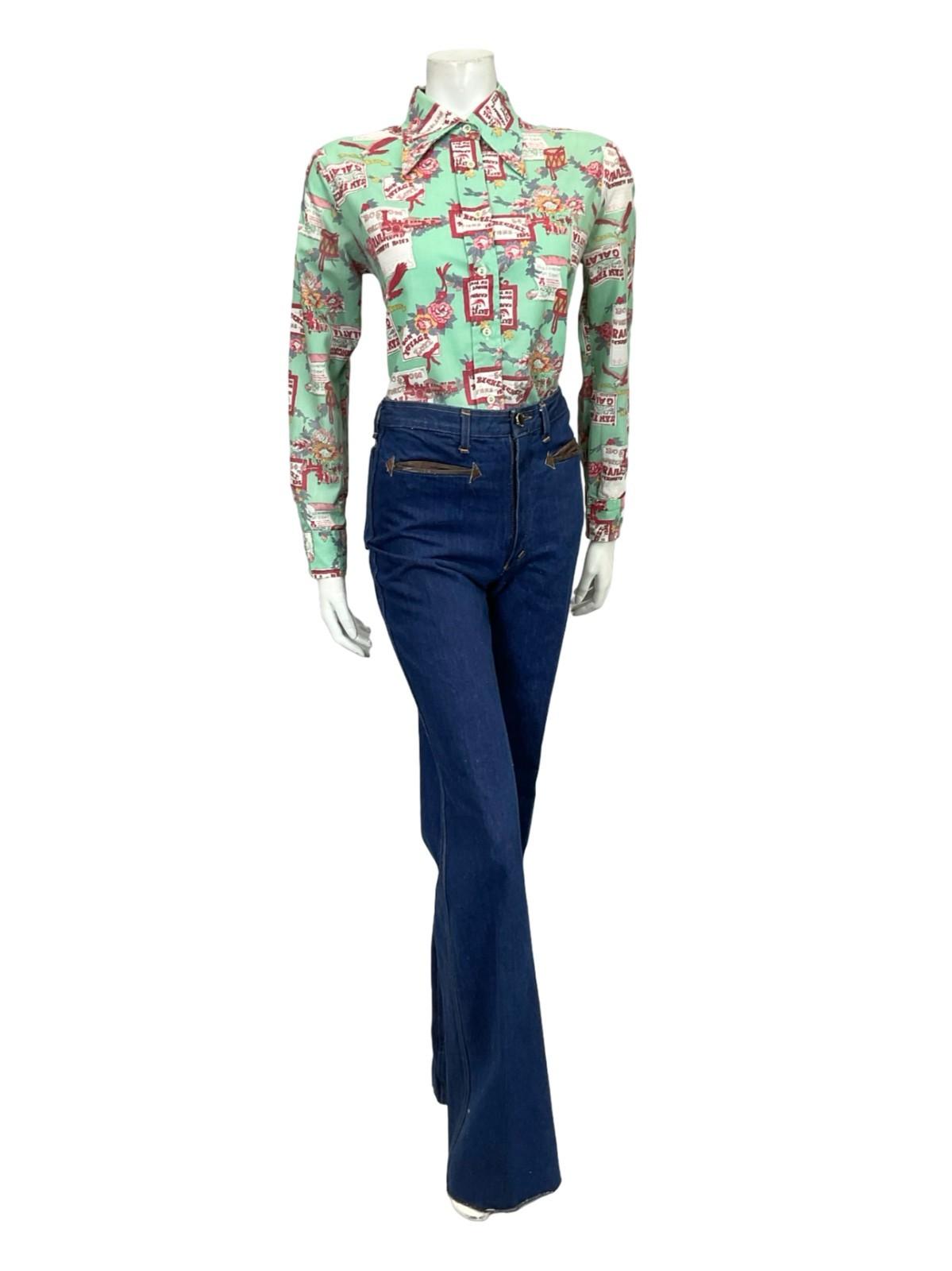 VTG 60S 70S TEAL BLUE PINK PURPLE FLORAL DRUM SIGN BIRD DAGGER SHIRT 12