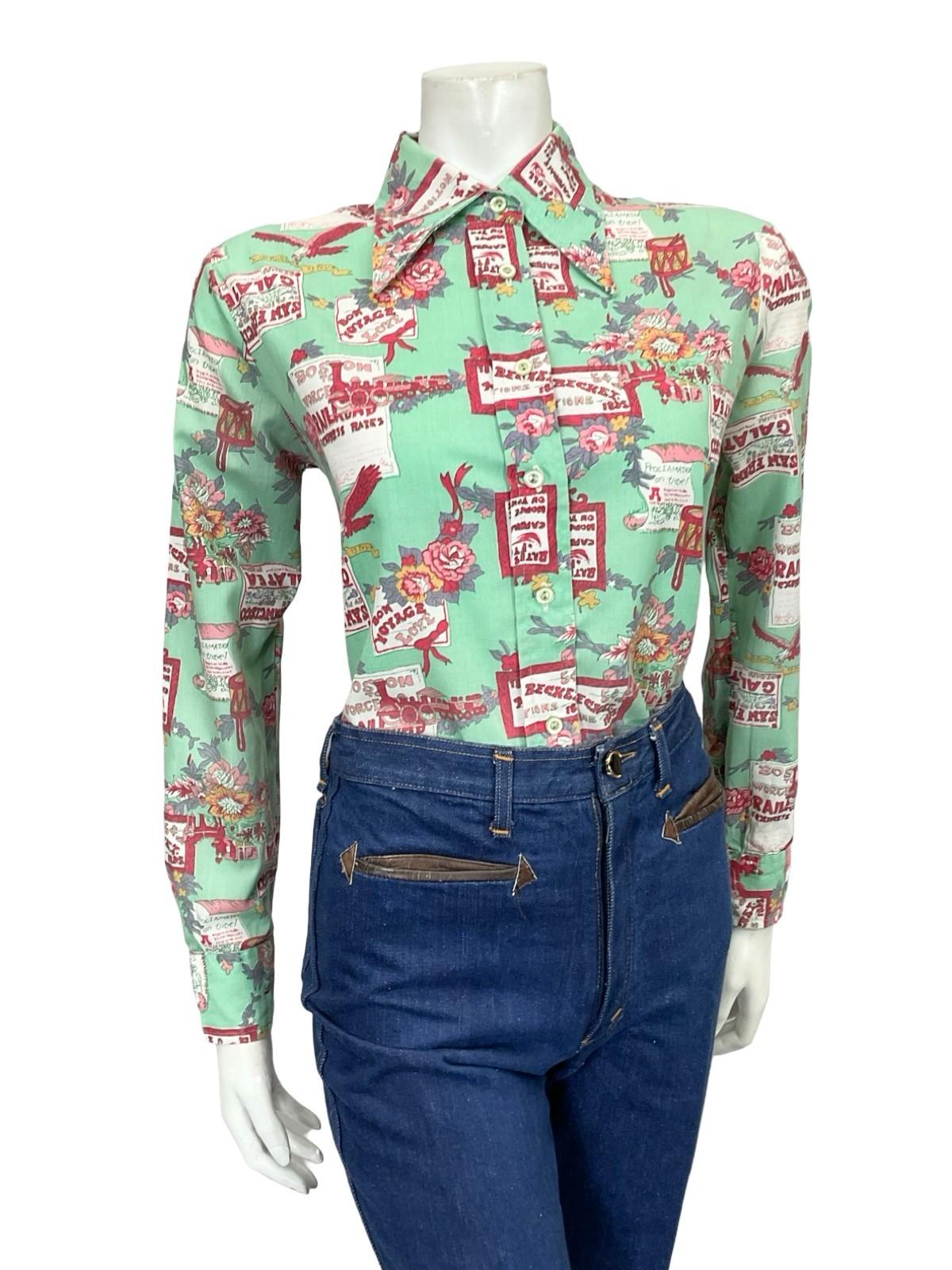 VTG 60S 70S TEAL BLUE PINK PURPLE FLORAL DRUM SIGN BIRD DAGGER SHIRT 12