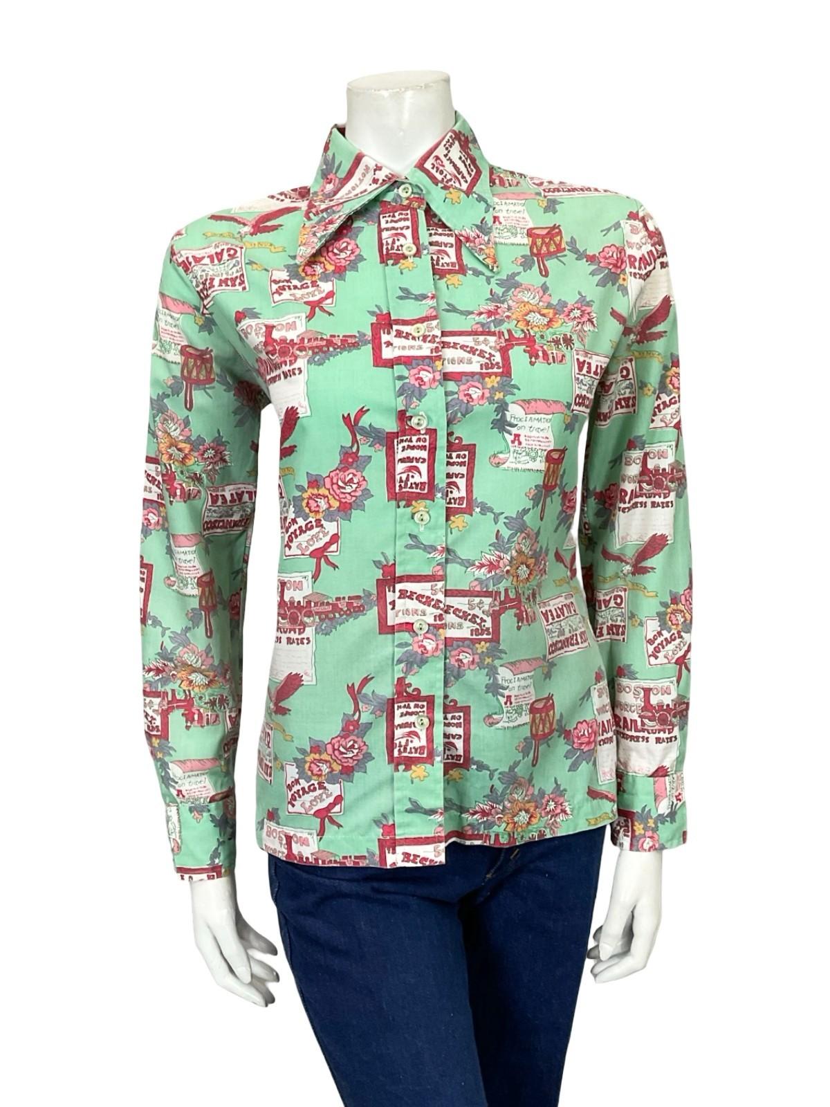 VTG 60S 70S TEAL BLUE PINK PURPLE FLORAL DRUM SIGN BIRD DAGGER SHIRT 12