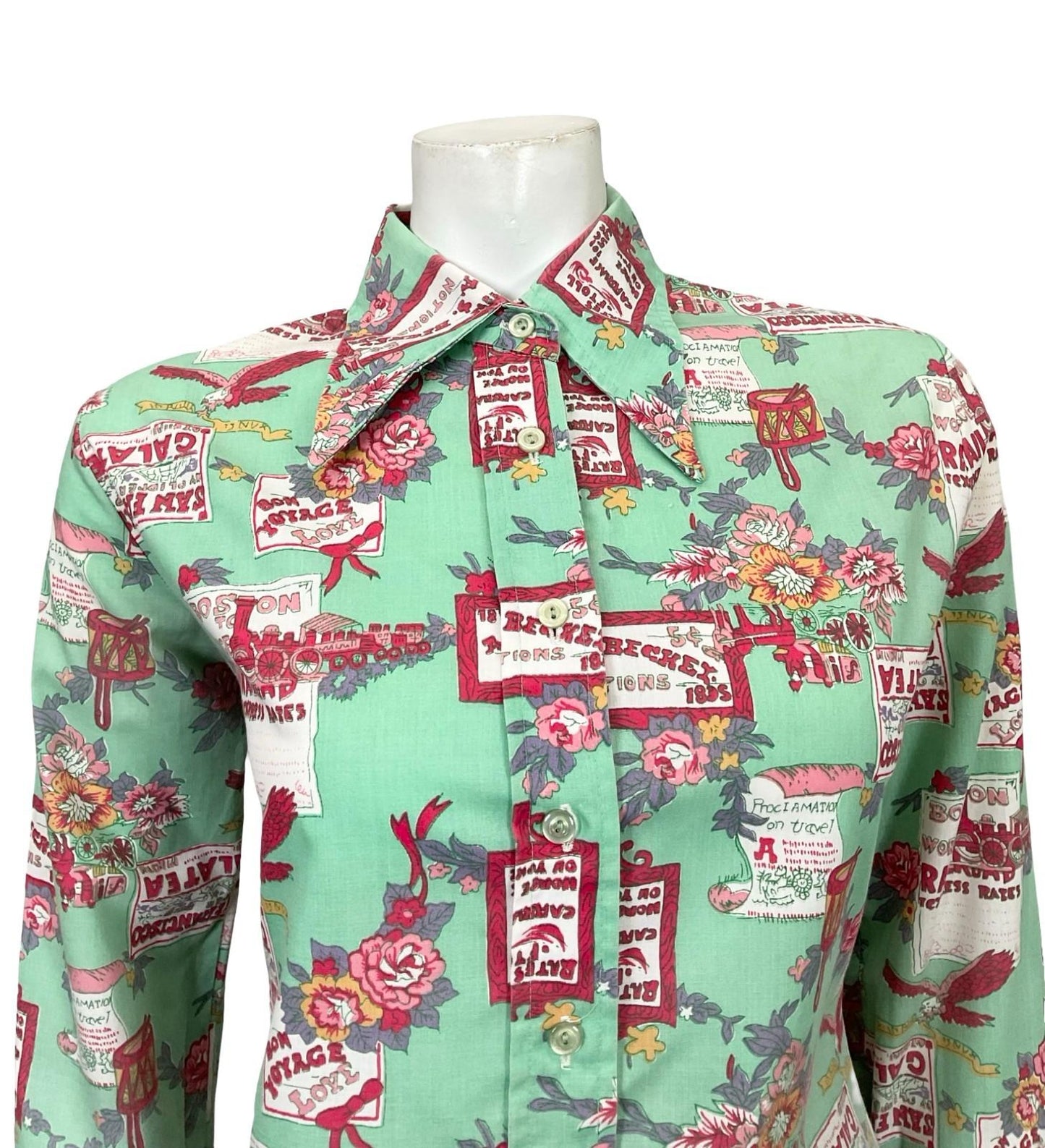 VTG 60S 70S TEAL BLUE PINK PURPLE FLORAL DRUM SIGN BIRD DAGGER SHIRT 12