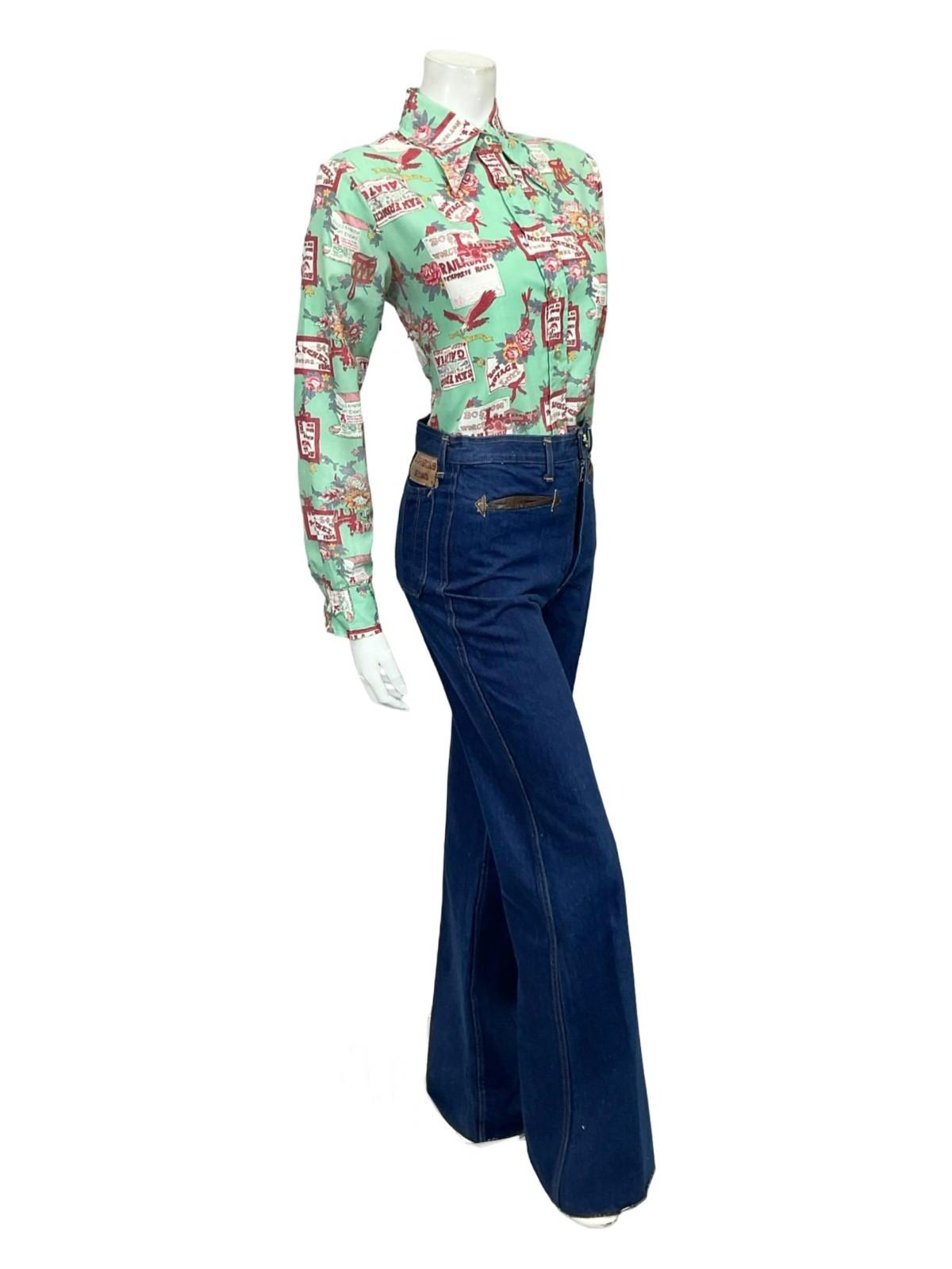 VTG 60S 70S TEAL BLUE PINK PURPLE FLORAL DRUM SIGN BIRD DAGGER SHIRT 12