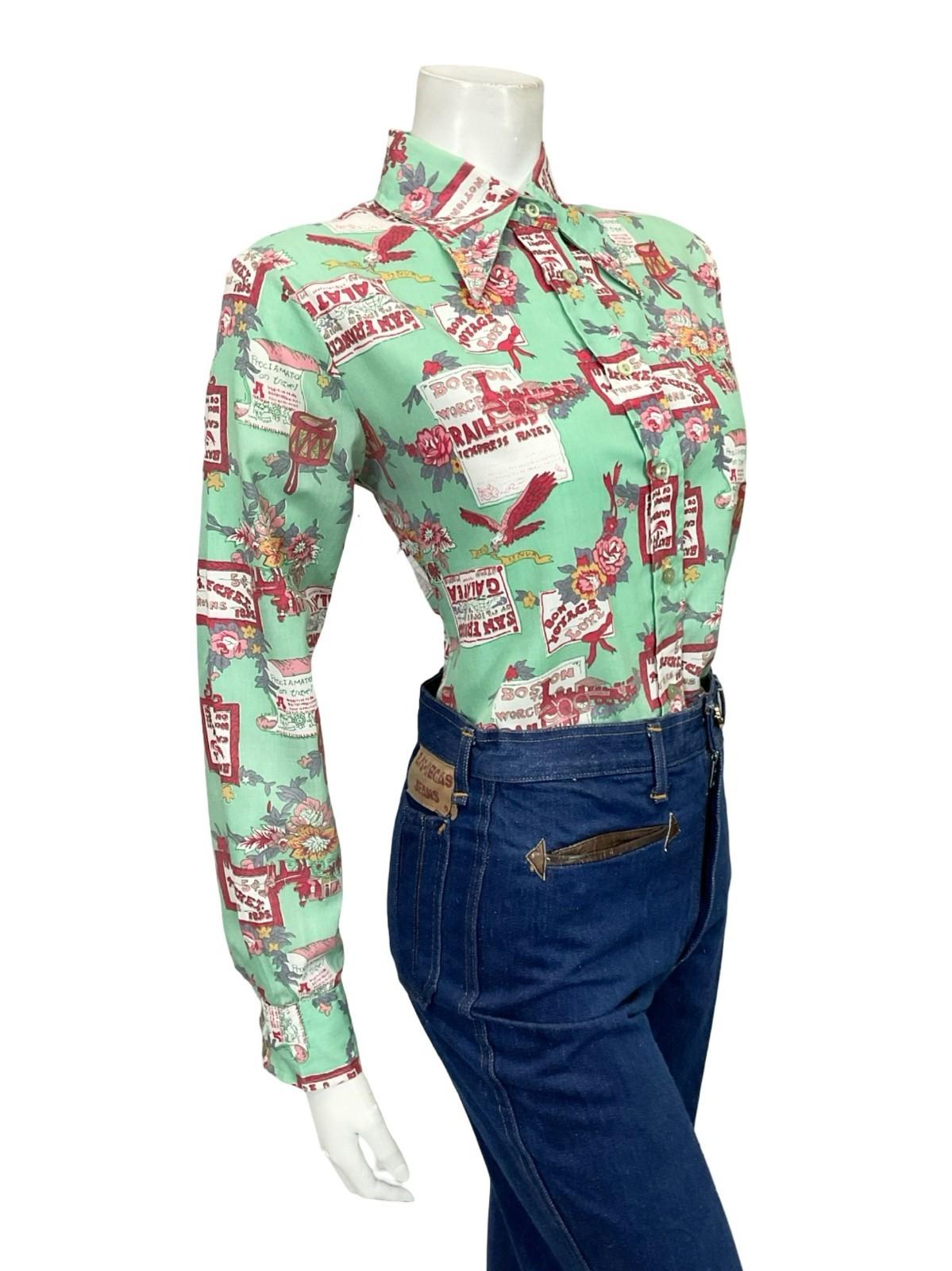 VTG 60S 70S TEAL BLUE PINK PURPLE FLORAL DRUM SIGN BIRD DAGGER SHIRT 12