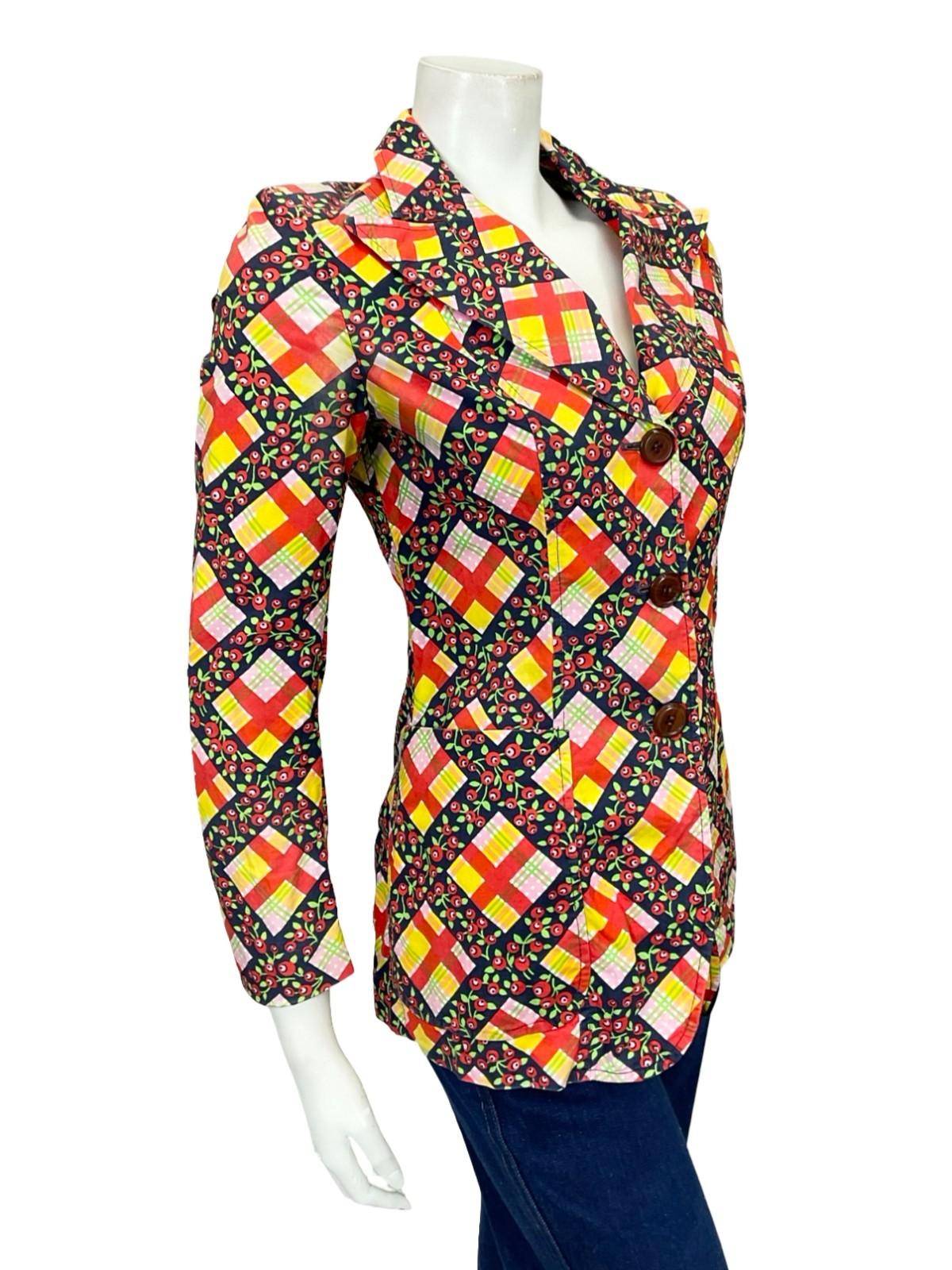 VTG 60S 70S YELLOW RED GREEN BLACK PLAID MOD FLORAL BLAZER SHIRT XS 6 8