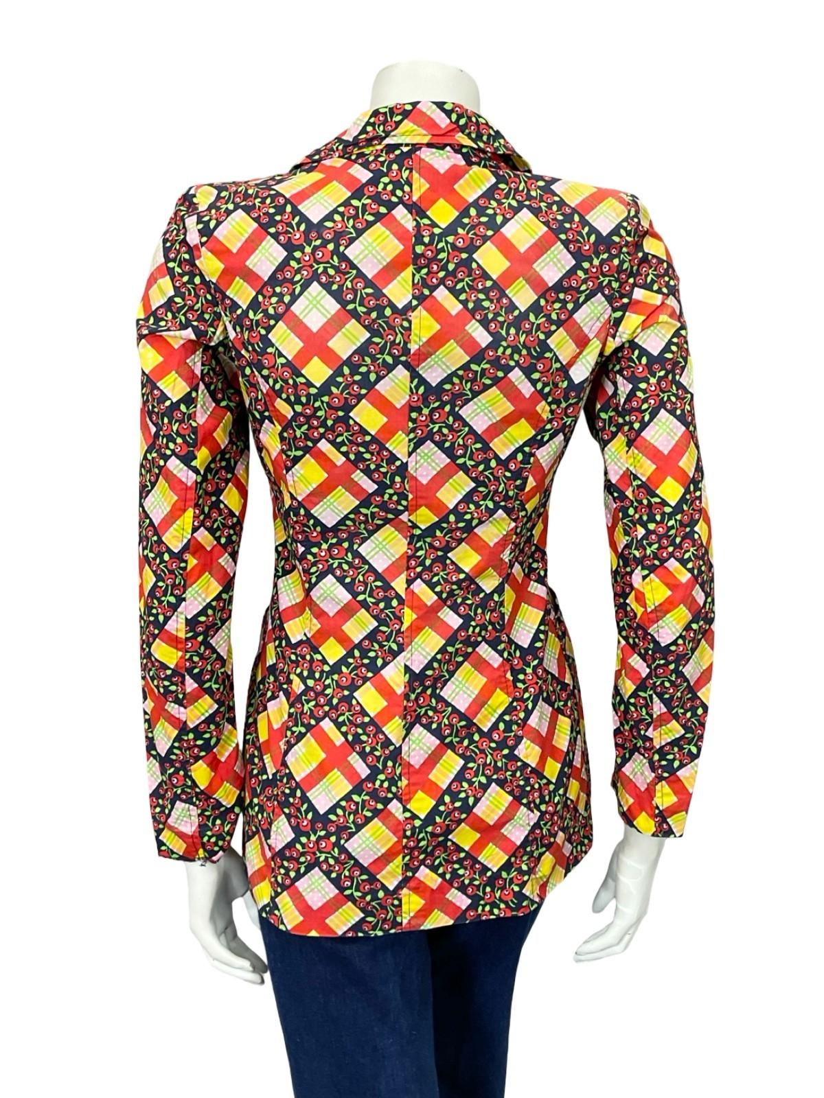 VTG 60S 70S YELLOW RED GREEN BLACK PLAID MOD FLORAL BLAZER SHIRT XS 6 8