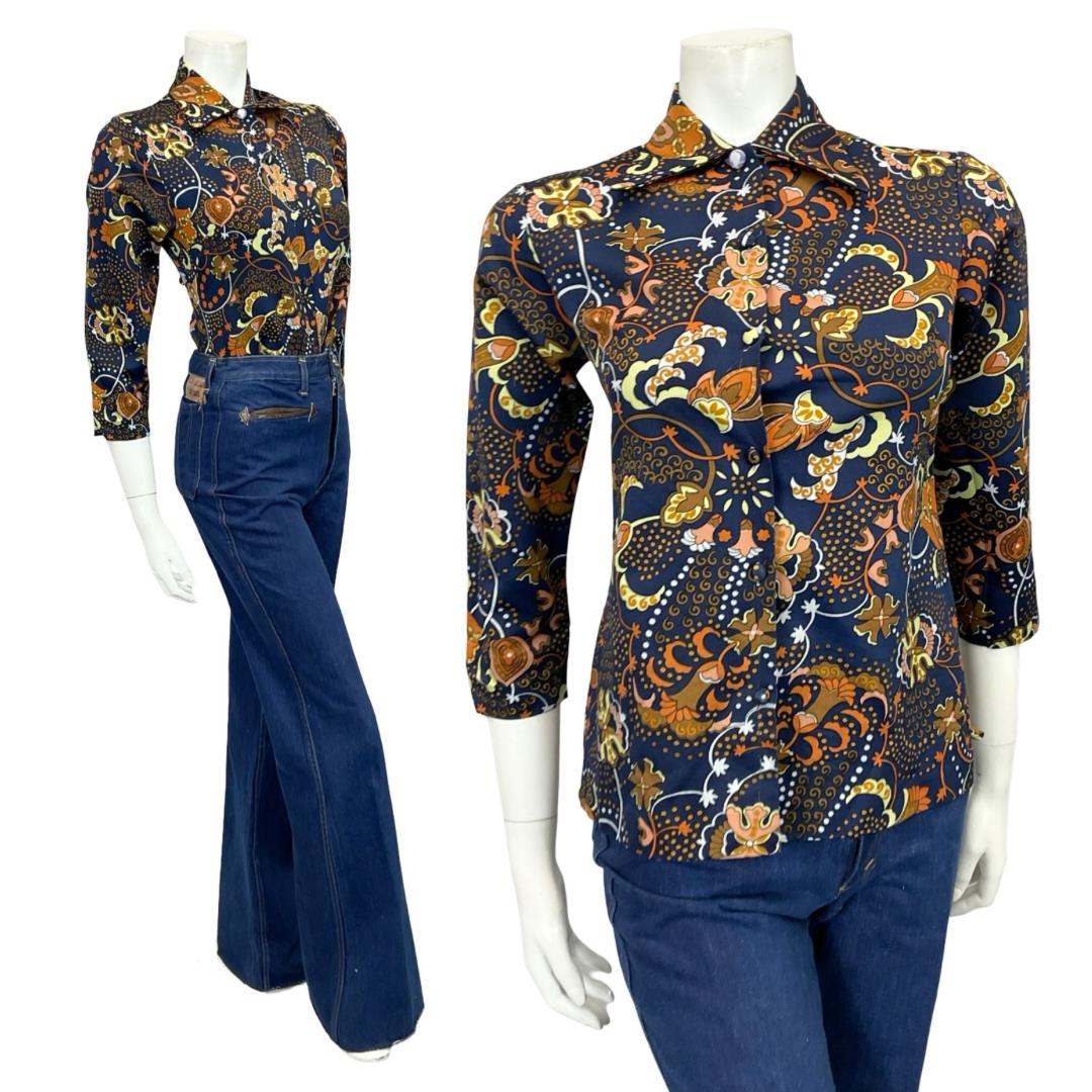 VTG 60S 70S BLUE ORANGE BROWN YELLOW PSYCHEDELIC CLOUD FLORAL DAGGER SHIRT 8 10