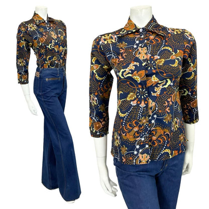 VTG 60S 70S BLUE ORANGE BROWN YELLOW PSYCHEDELIC CLOUD FLORAL DAGGER SHIRT 8 10