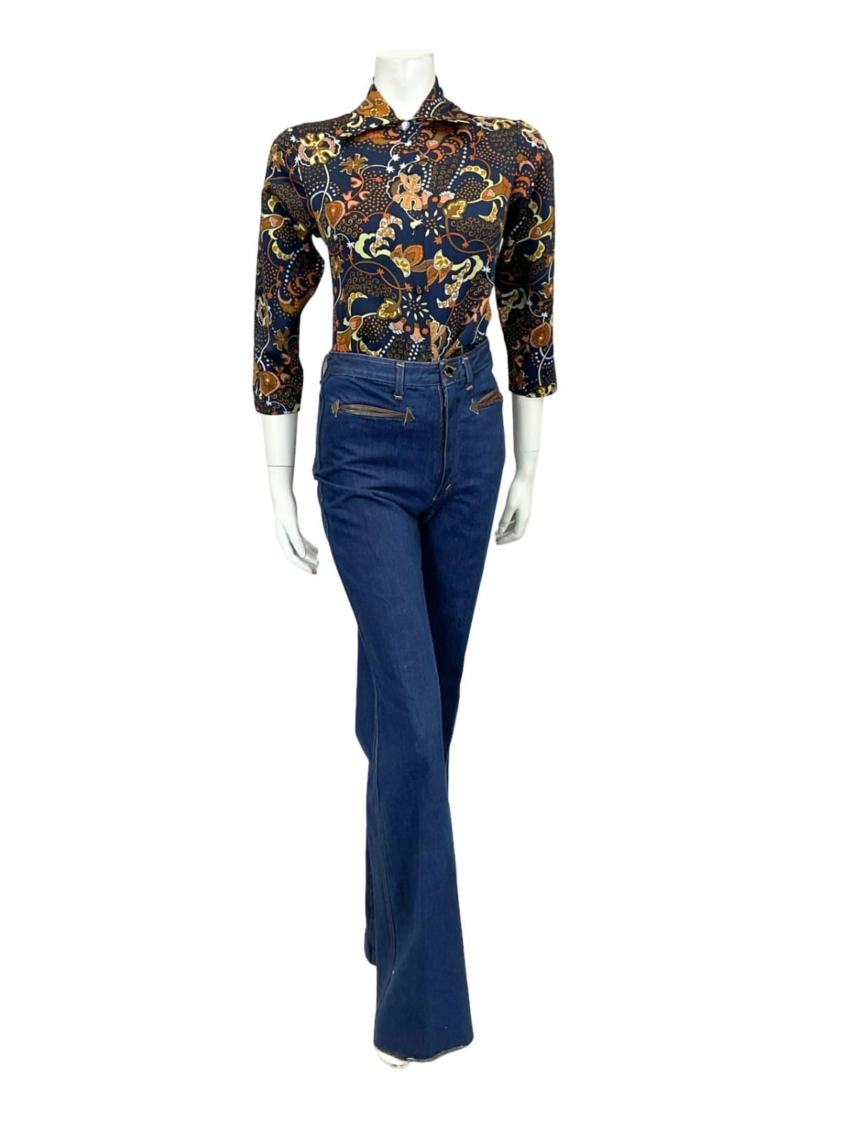 VTG 60S 70S BLUE ORANGE BROWN YELLOW PSYCHEDELIC CLOUD FLORAL DAGGER SHIRT 8 10