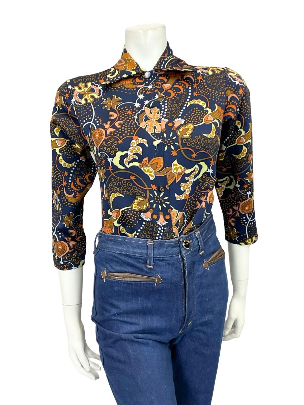 VTG 60S 70S BLUE ORANGE BROWN YELLOW PSYCHEDELIC CLOUD FLORAL DAGGER SHIRT 8 10