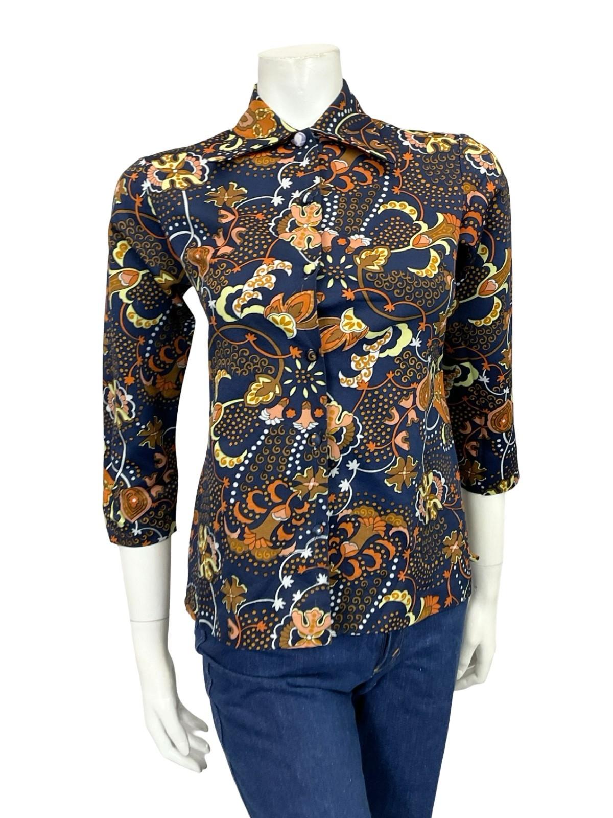 VTG 60S 70S BLUE ORANGE BROWN YELLOW PSYCHEDELIC CLOUD FLORAL DAGGER SHIRT 8 10