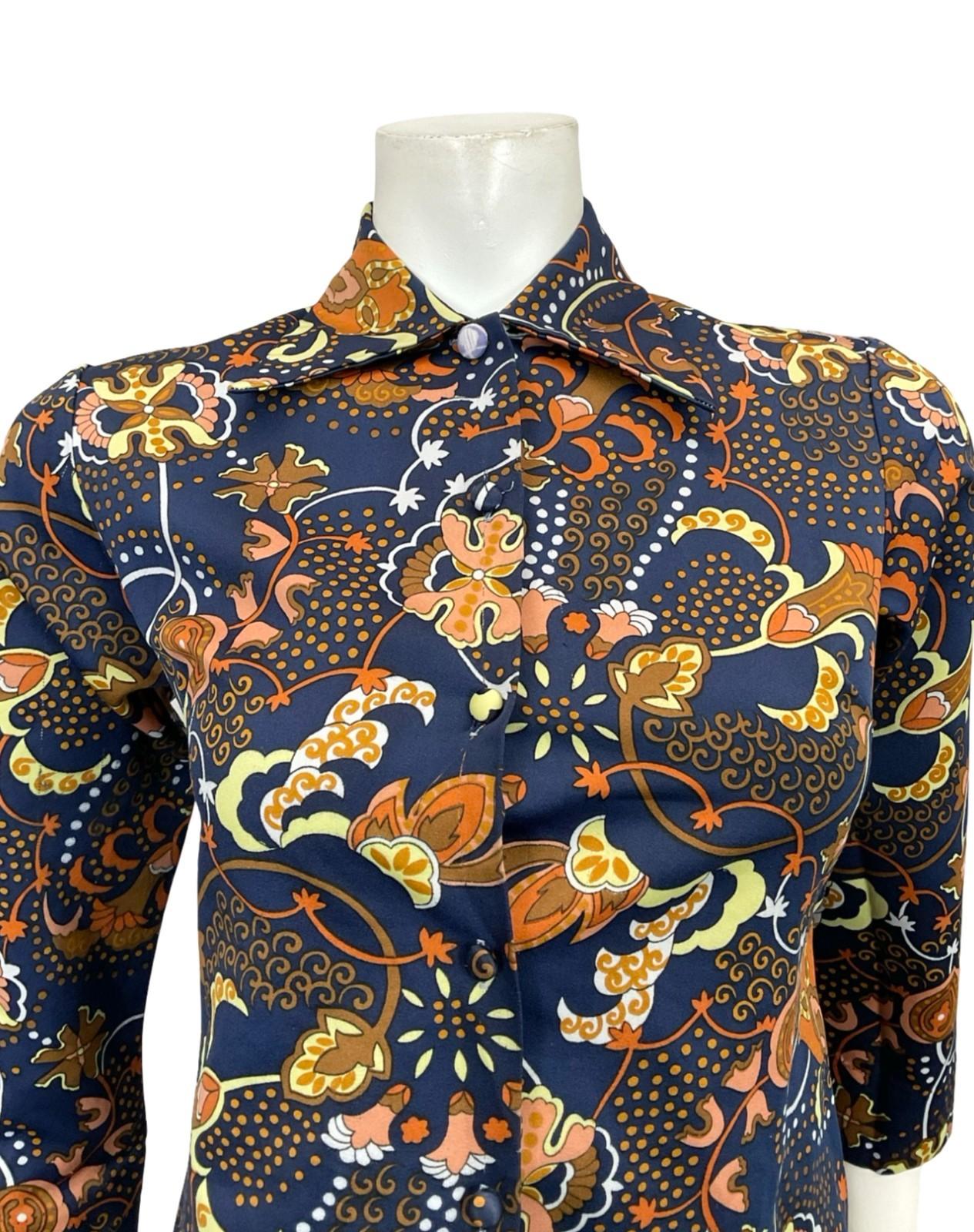 VTG 60S 70S BLUE ORANGE BROWN YELLOW PSYCHEDELIC CLOUD FLORAL DAGGER SHIRT 8 10