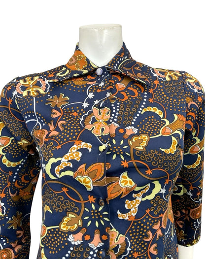 VTG 60S 70S BLUE ORANGE BROWN YELLOW PSYCHEDELIC CLOUD FLORAL DAGGER SHIRT 8 10