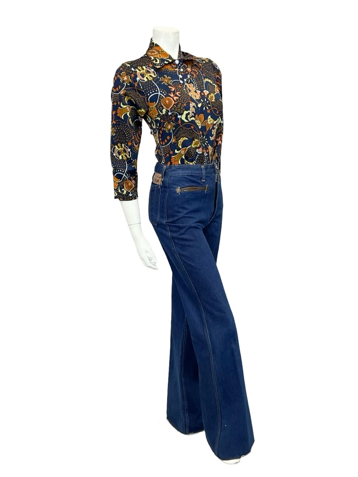 VTG 60S 70S BLUE ORANGE BROWN YELLOW PSYCHEDELIC CLOUD FLORAL DAGGER SHIRT 8 10