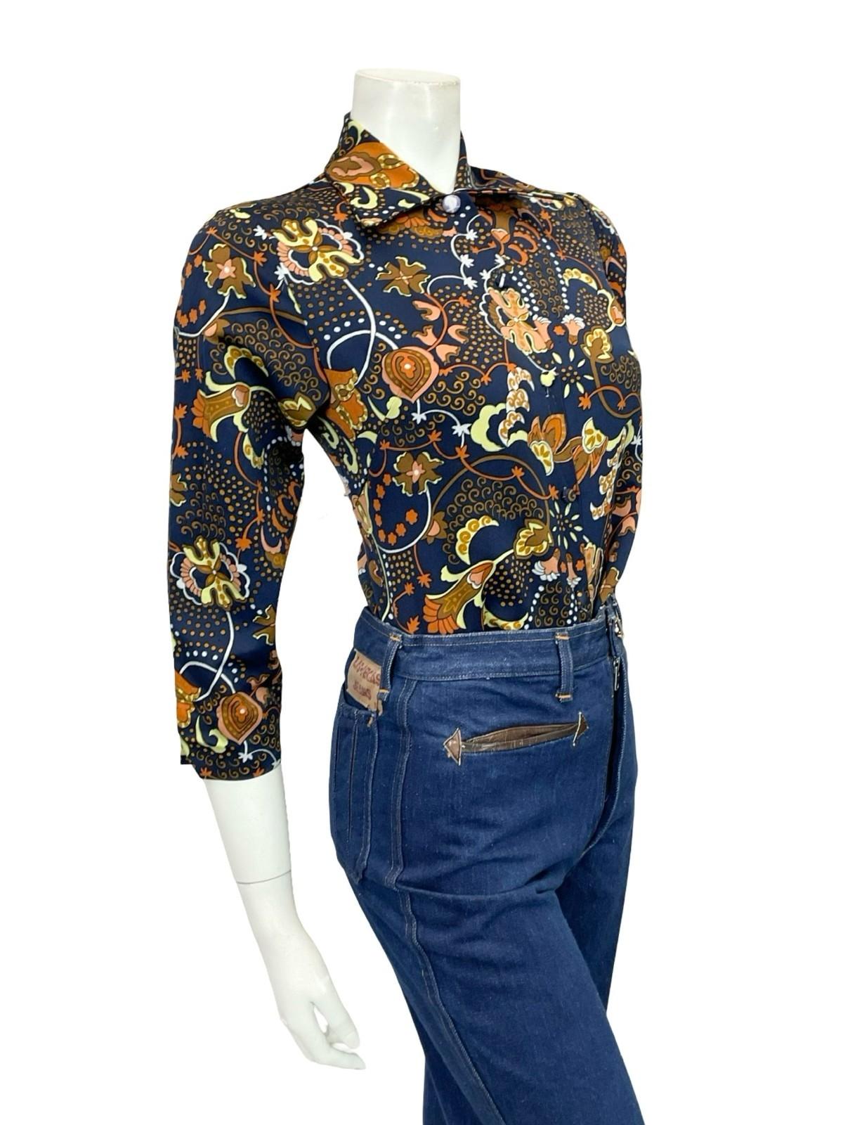 VTG 60S 70S BLUE ORANGE BROWN YELLOW PSYCHEDELIC CLOUD FLORAL DAGGER SHIRT 8 10