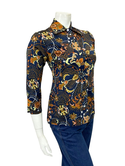 VTG 60S 70S BLUE ORANGE BROWN YELLOW PSYCHEDELIC CLOUD FLORAL DAGGER SHIRT 8 10