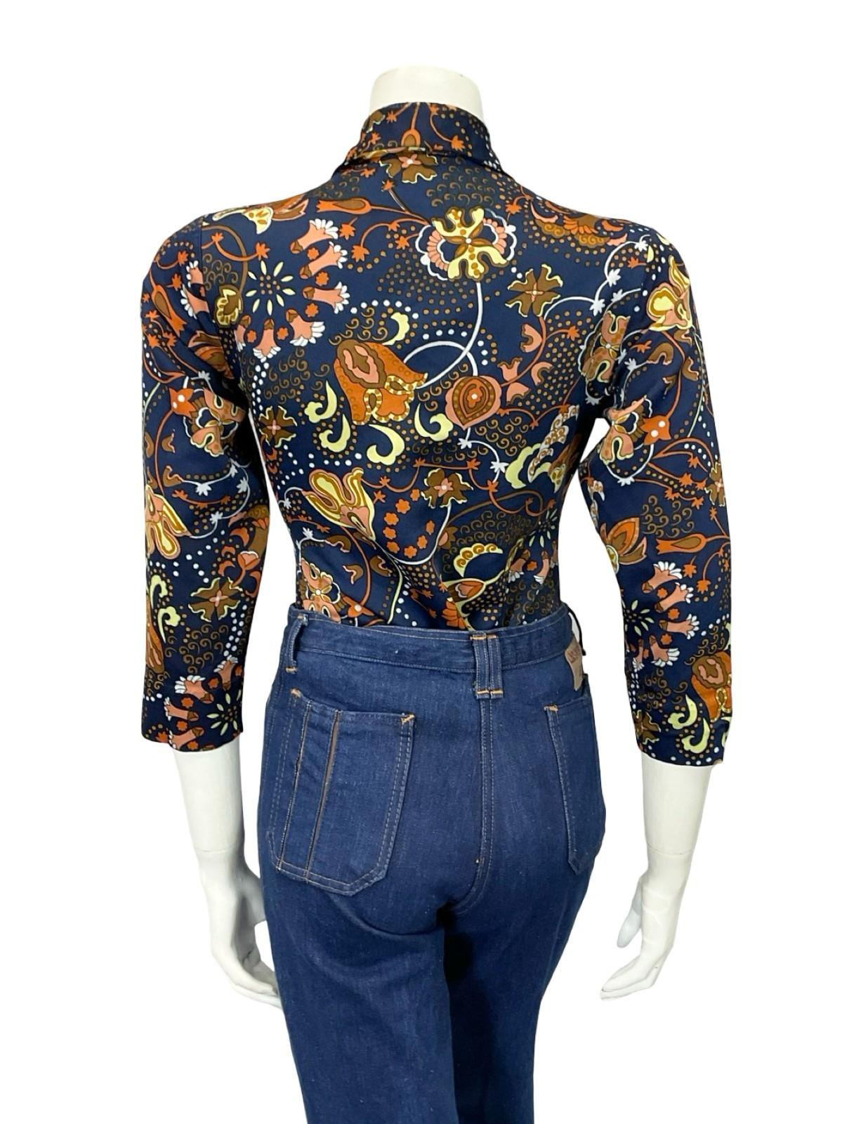 VTG 60S 70S BLUE ORANGE BROWN YELLOW PSYCHEDELIC CLOUD FLORAL DAGGER SHIRT 8 10