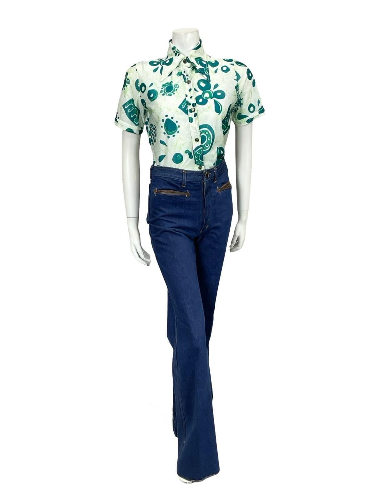 VTG 60S 70S CREAM GREEN ABSTRACT GEOMETRIC BRUSHSTROKE DAGGER SHIRT 10