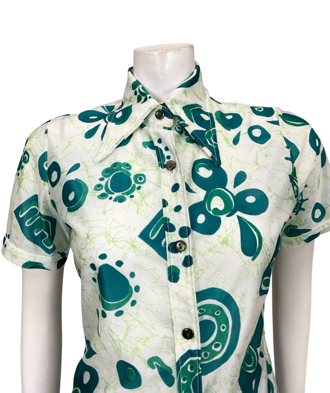VTG 60S 70S CREAM GREEN ABSTRACT GEOMETRIC BRUSHSTROKE DAGGER SHIRT 10
