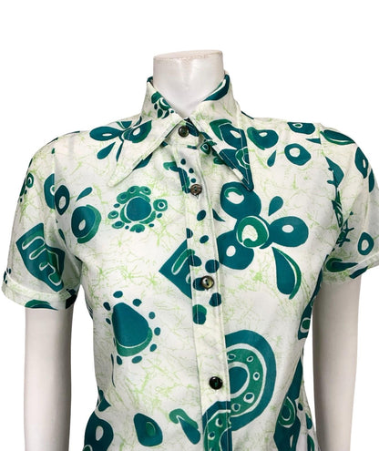 VTG 60S 70S CREAM GREEN ABSTRACT GEOMETRIC BRUSHSTROKE DAGGER SHIRT 10