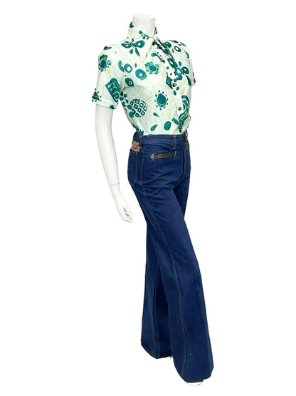 VTG 60S 70S CREAM GREEN ABSTRACT GEOMETRIC BRUSHSTROKE DAGGER SHIRT 10