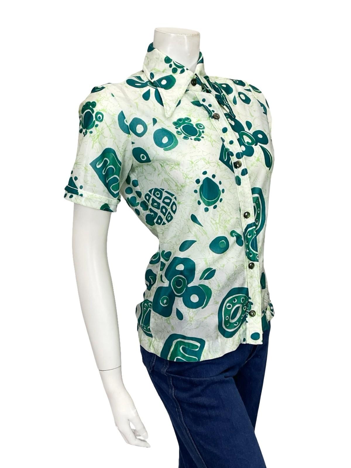 VTG 60S 70S CREAM GREEN ABSTRACT GEOMETRIC BRUSHSTROKE DAGGER SHIRT 10