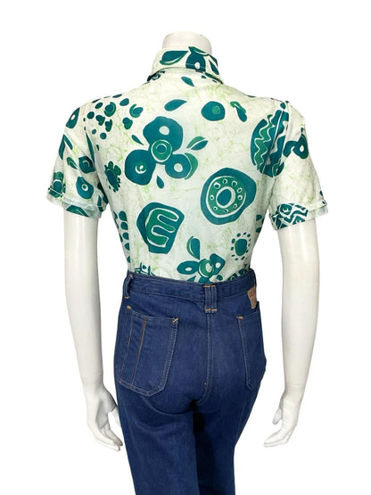 VTG 60S 70S CREAM GREEN ABSTRACT GEOMETRIC BRUSHSTROKE DAGGER SHIRT 10