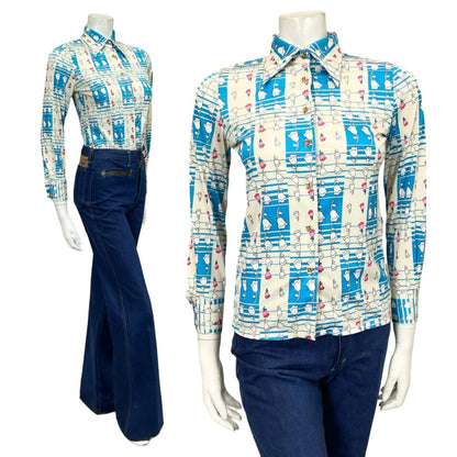 VTG 60S 70S WHITE BLUE PINK GEOMETRIC OP ART FLORAL DAGGER COLLAR SHIRT XS 6