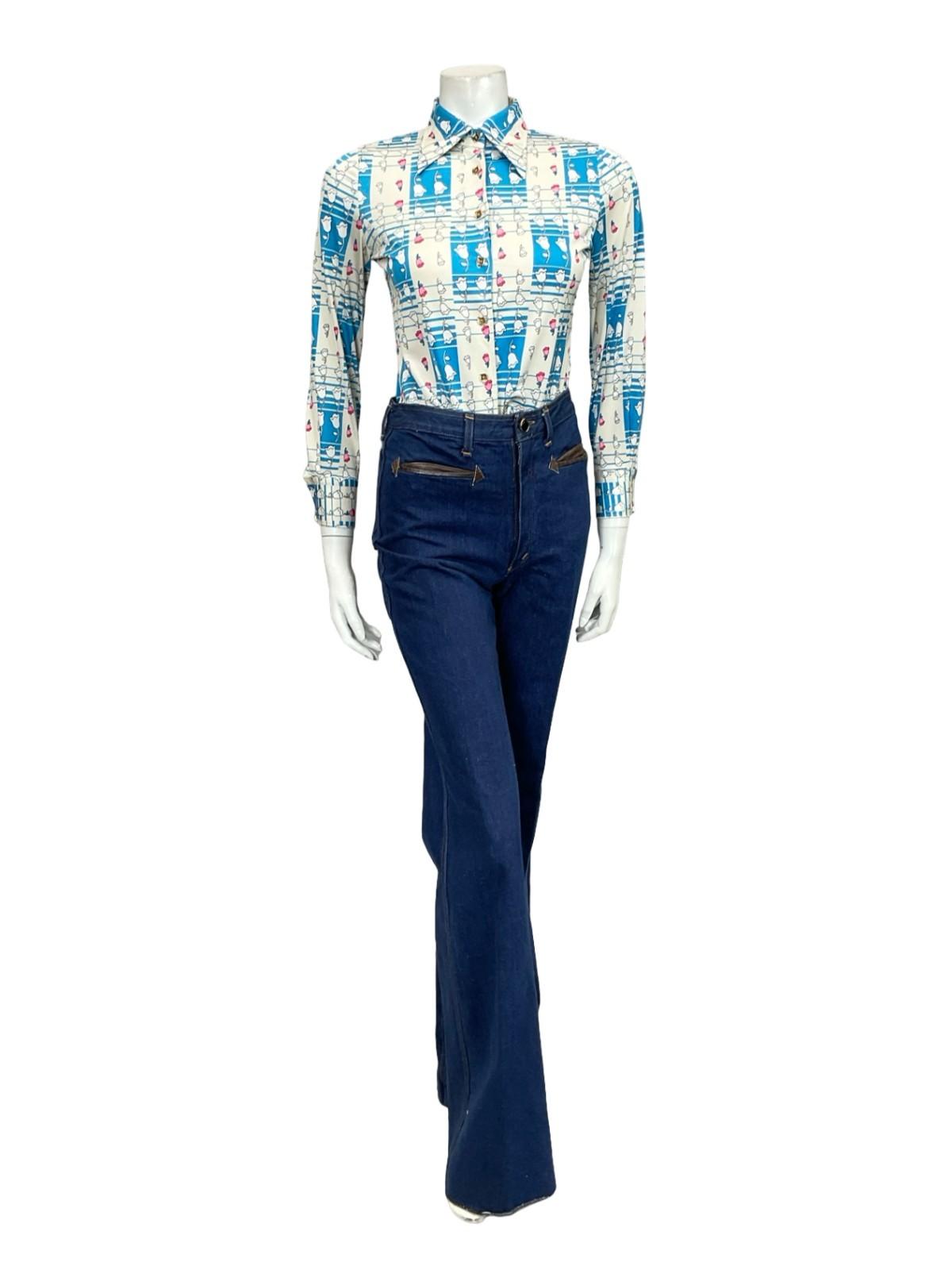 VTG 60S 70S WHITE BLUE PINK GEOMETRIC OP ART FLORAL DAGGER COLLAR SHIRT XS 6