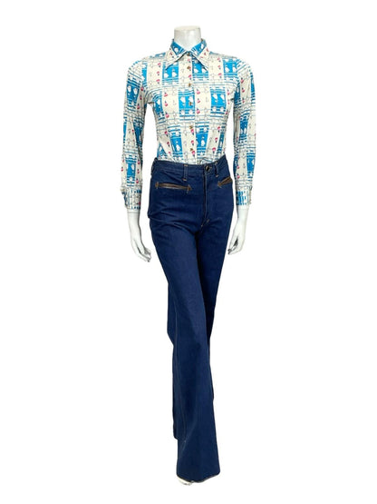 VTG 60S 70S WHITE BLUE PINK GEOMETRIC OP ART FLORAL DAGGER COLLAR SHIRT XS 6