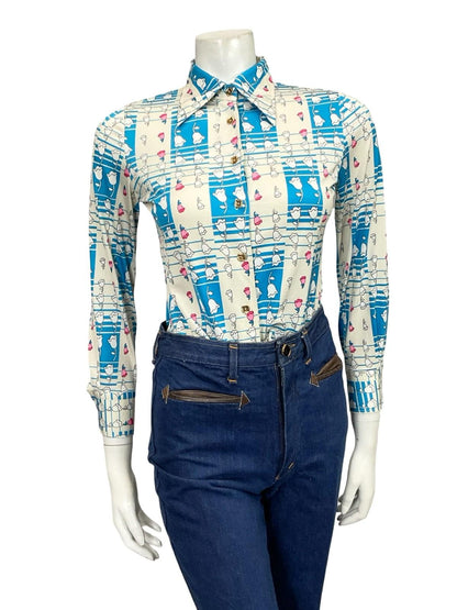 VTG 60S 70S WHITE BLUE PINK GEOMETRIC OP ART FLORAL DAGGER COLLAR SHIRT XS 6