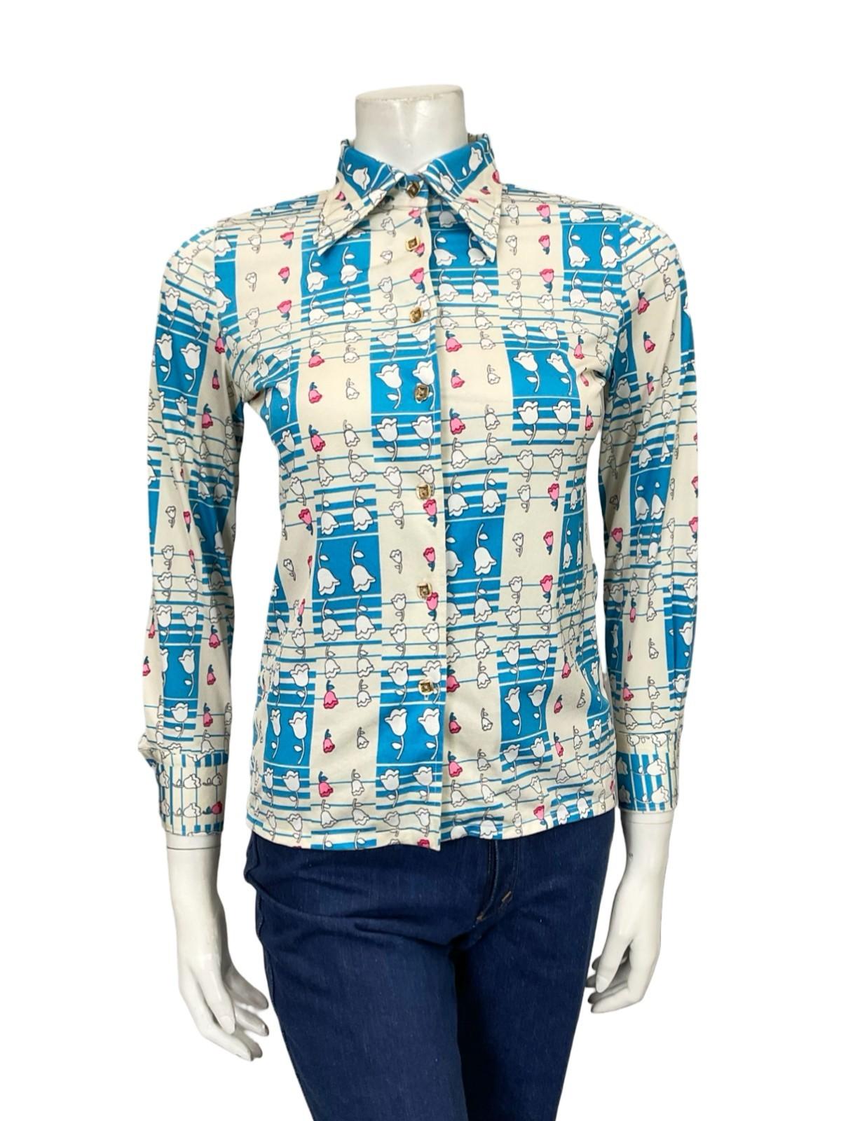 VTG 60S 70S WHITE BLUE PINK GEOMETRIC OP ART FLORAL DAGGER COLLAR SHIRT XS 6