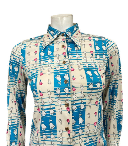 VTG 60S 70S WHITE BLUE PINK GEOMETRIC OP ART FLORAL DAGGER COLLAR SHIRT XS 6