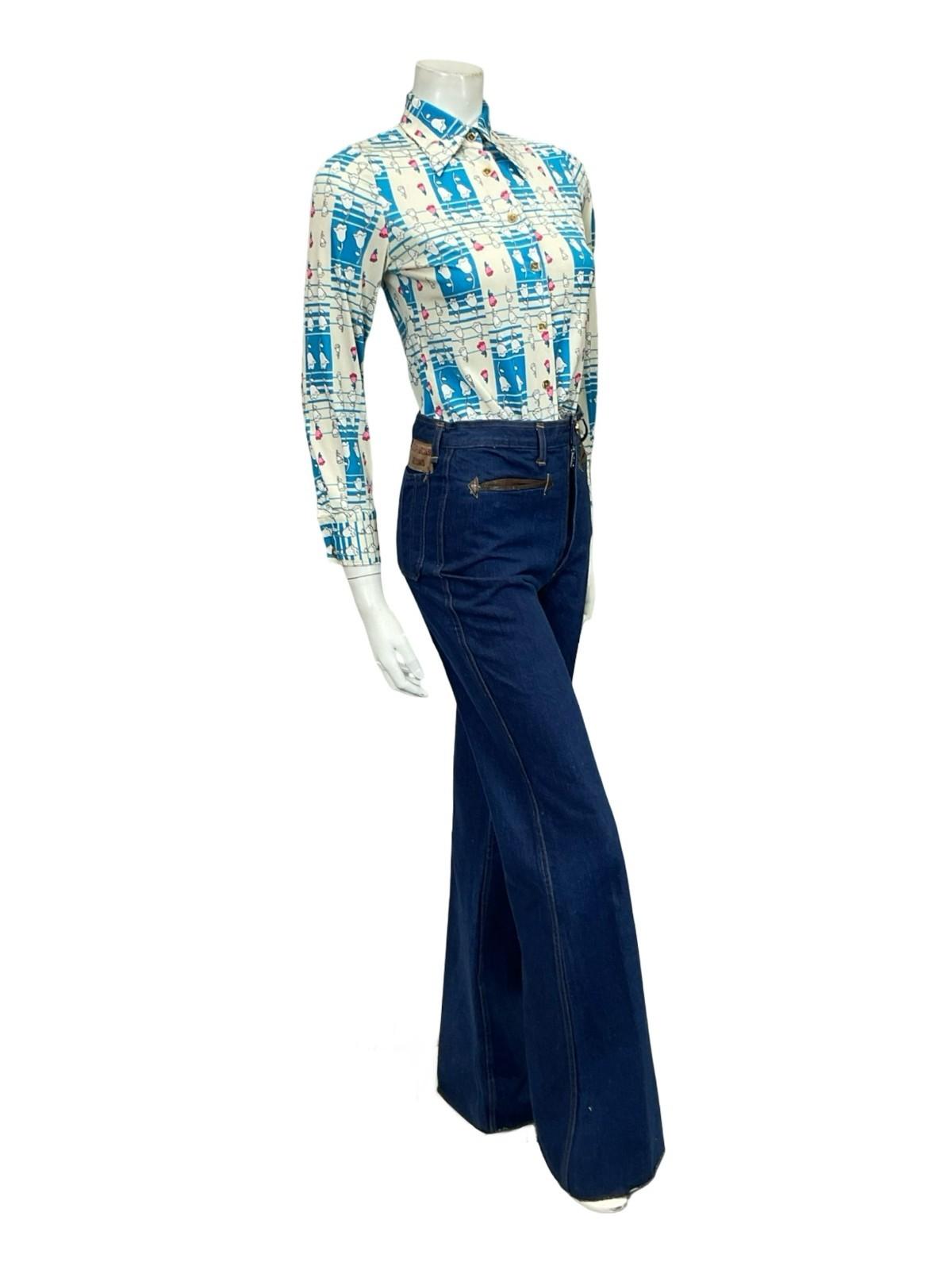 VTG 60S 70S WHITE BLUE PINK GEOMETRIC OP ART FLORAL DAGGER COLLAR SHIRT XS 6