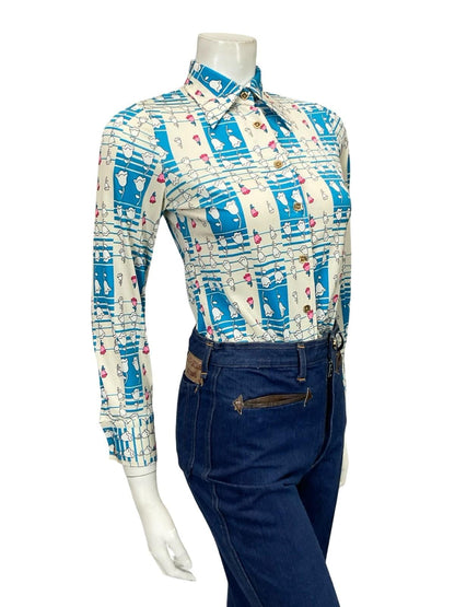 VTG 60S 70S WHITE BLUE PINK GEOMETRIC OP ART FLORAL DAGGER COLLAR SHIRT XS 6