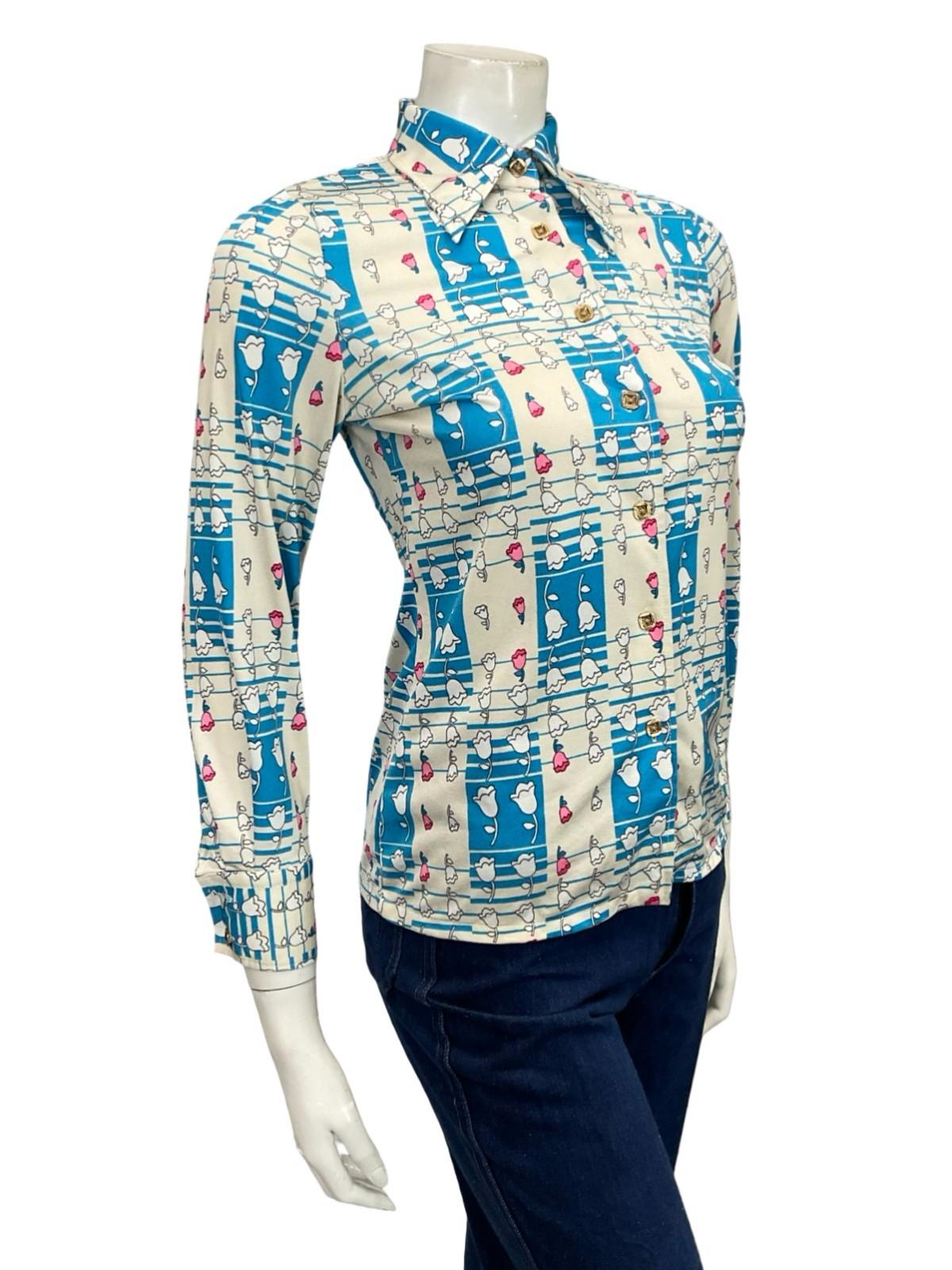 VTG 60S 70S WHITE BLUE PINK GEOMETRIC OP ART FLORAL DAGGER COLLAR SHIRT XS 6