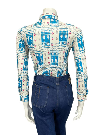 VTG 60S 70S WHITE BLUE PINK GEOMETRIC OP ART FLORAL DAGGER COLLAR SHIRT XS 6