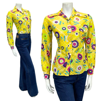 VTG 60S 70S YELLOW WHITE PINK BLUE FLORAL POLKA DOT MOD DAGGER COLLAR SHIRT 12