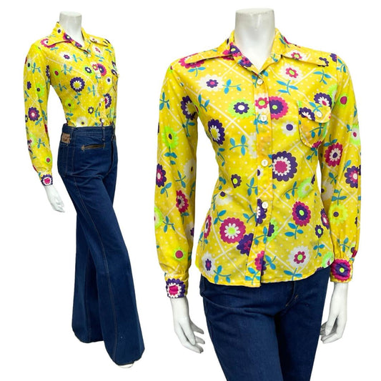VTG 60S 70S YELLOW WHITE PINK BLUE FLORAL POLKA DOT MOD DAGGER COLLAR SHIRT 12