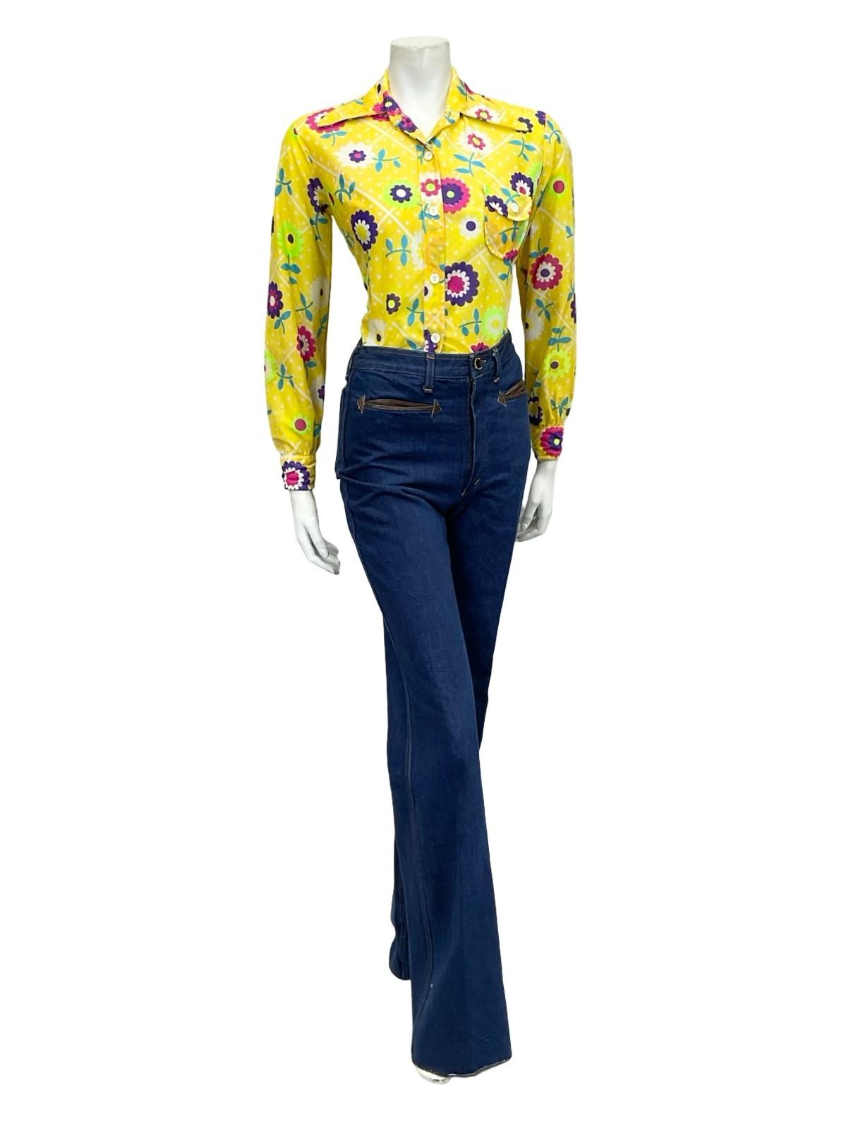 VTG 60S 70S YELLOW WHITE PINK BLUE FLORAL POLKA DOT MOD DAGGER COLLAR SHIRT 12