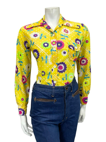 VTG 60S 70S YELLOW WHITE PINK BLUE FLORAL POLKA DOT MOD DAGGER COLLAR SHIRT 12