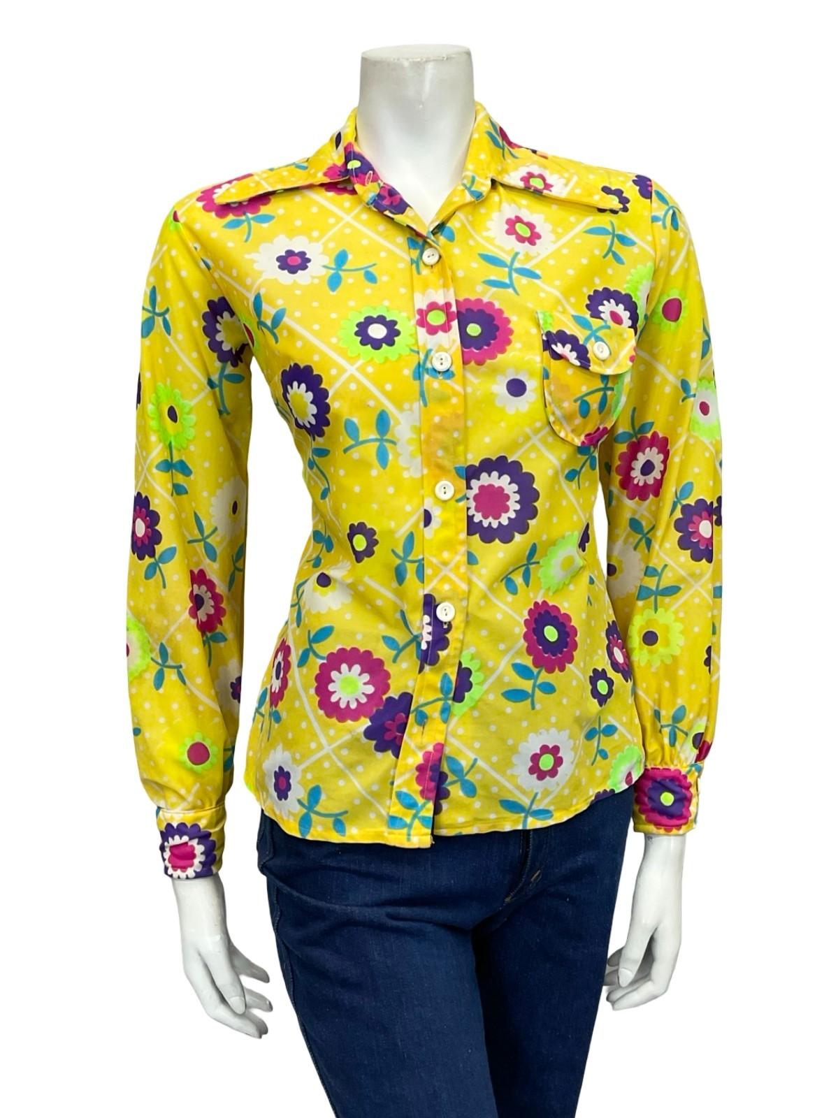 VTG 60S 70S YELLOW WHITE PINK BLUE FLORAL POLKA DOT MOD DAGGER COLLAR SHIRT 12