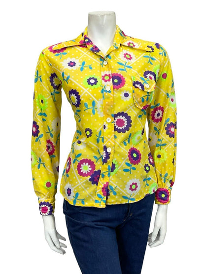 VTG 60S 70S YELLOW WHITE PINK BLUE FLORAL POLKA DOT MOD DAGGER COLLAR SHIRT 12