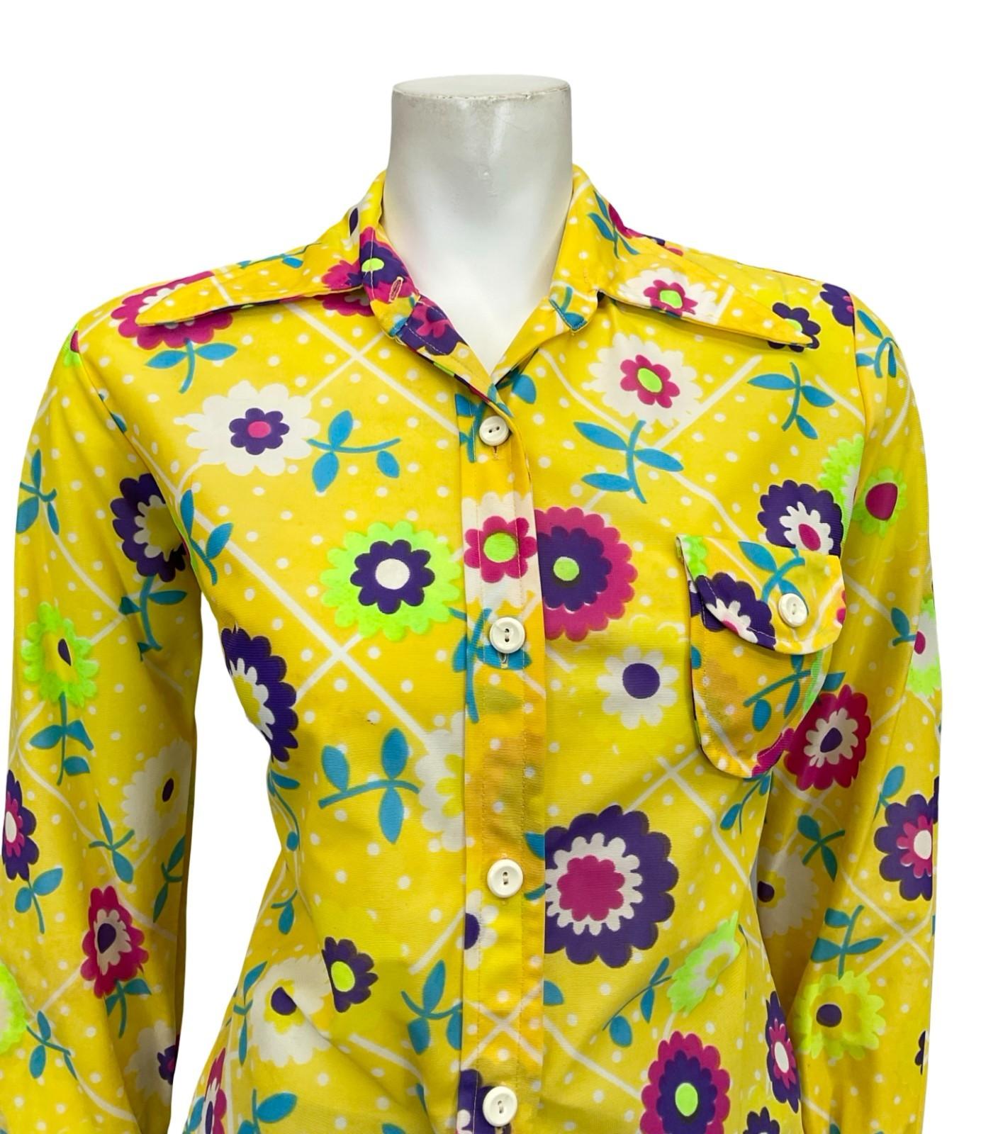 VTG 60S 70S YELLOW WHITE PINK BLUE FLORAL POLKA DOT MOD DAGGER COLLAR SHIRT 12
