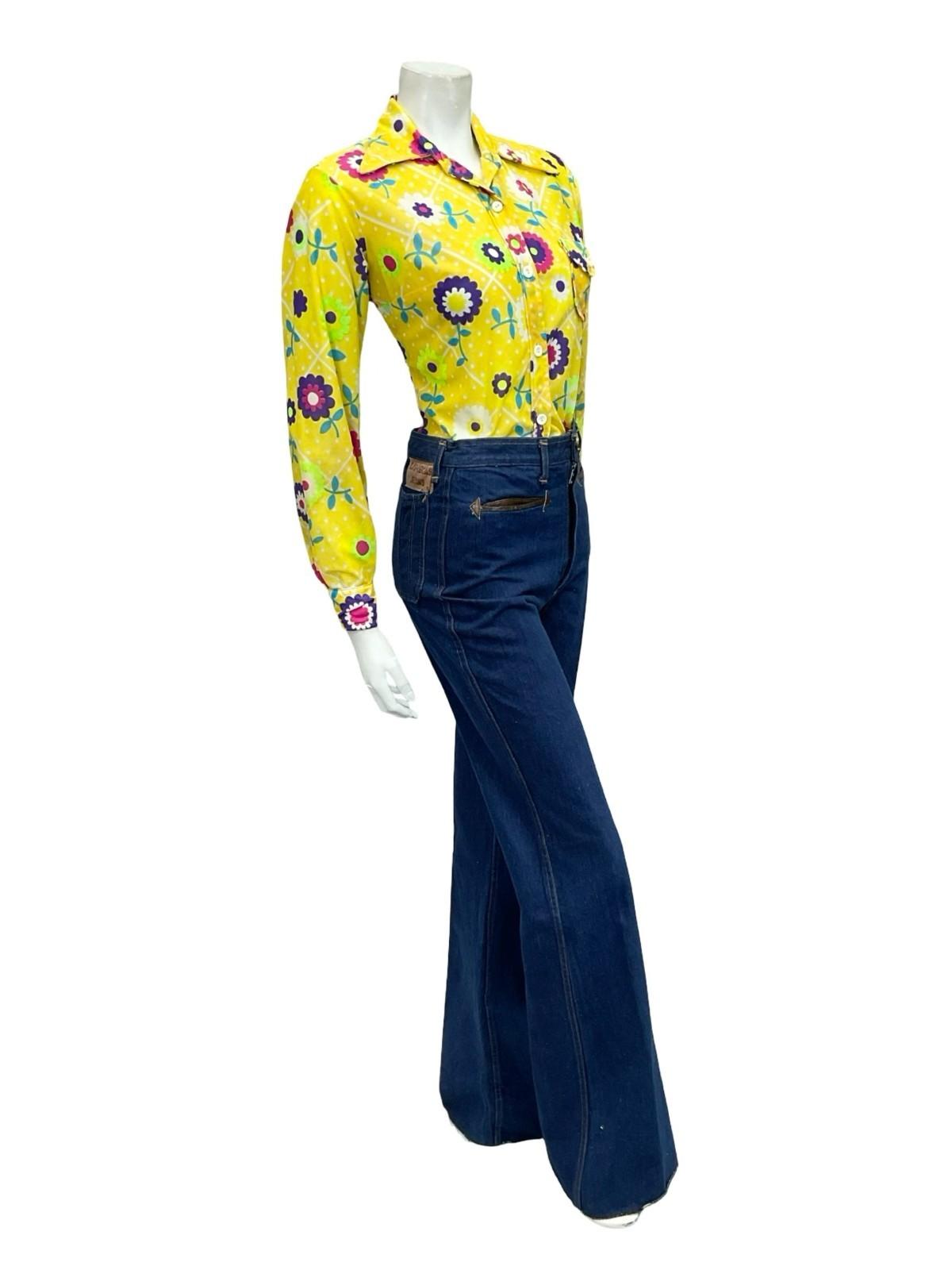 VTG 60S 70S YELLOW WHITE PINK BLUE FLORAL POLKA DOT MOD DAGGER COLLAR SHIRT 12