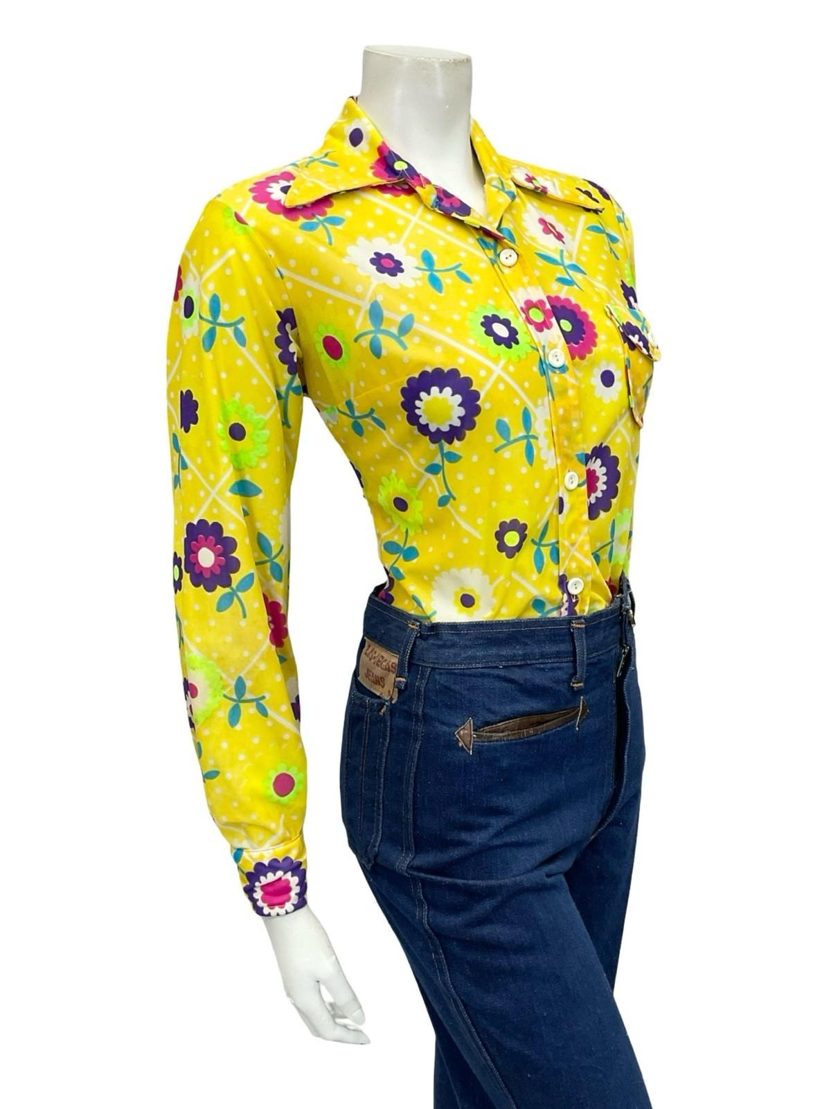 VTG 60S 70S YELLOW WHITE PINK BLUE FLORAL POLKA DOT MOD DAGGER COLLAR SHIRT 12