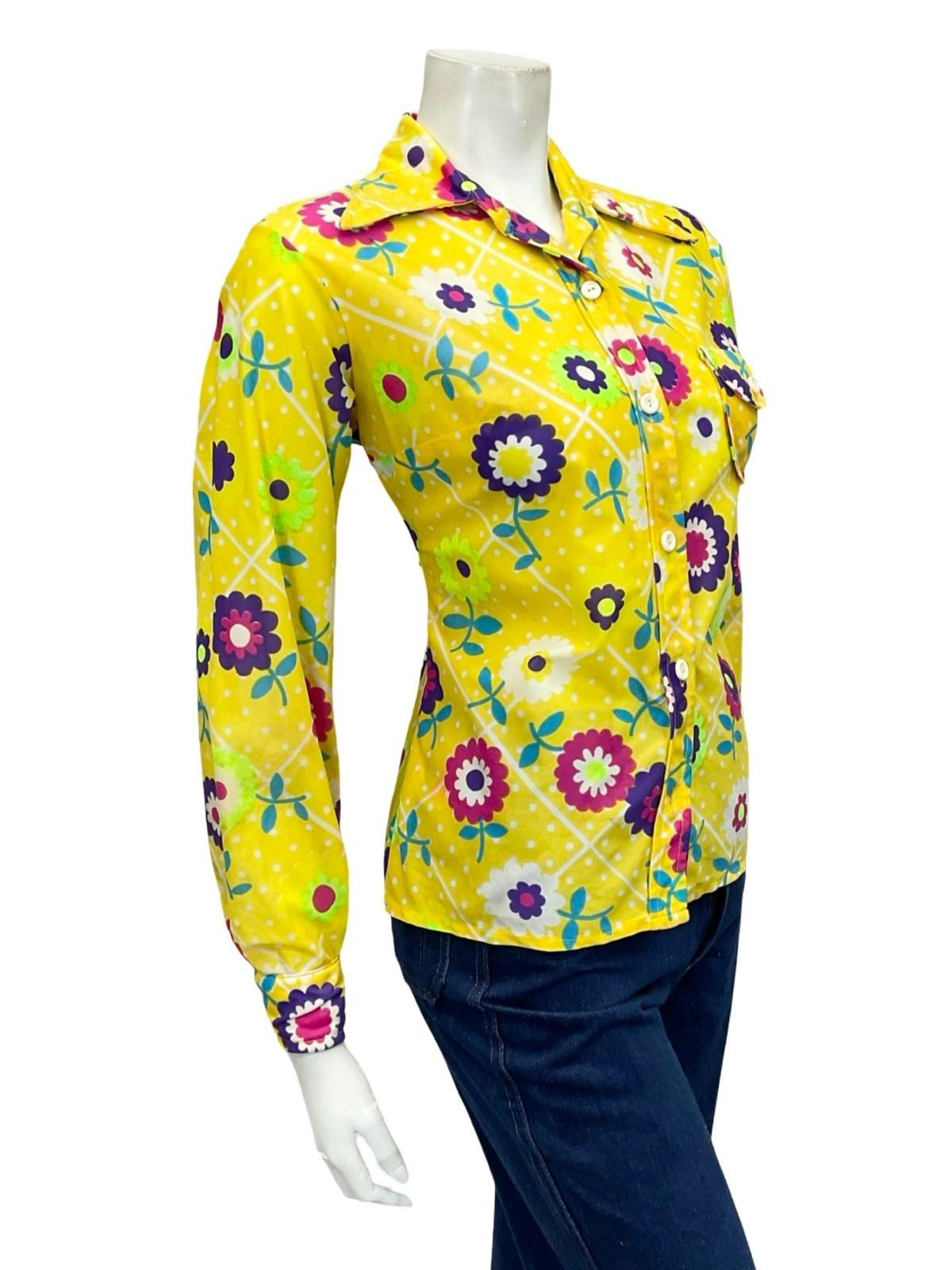 VTG 60S 70S YELLOW WHITE PINK BLUE FLORAL POLKA DOT MOD DAGGER COLLAR SHIRT 12