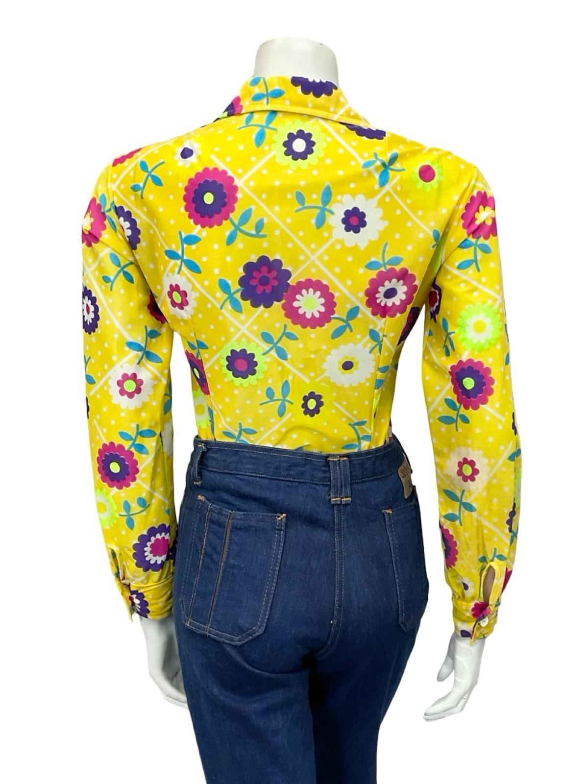 VTG 60S 70S YELLOW WHITE PINK BLUE FLORAL POLKA DOT MOD DAGGER COLLAR SHIRT 12