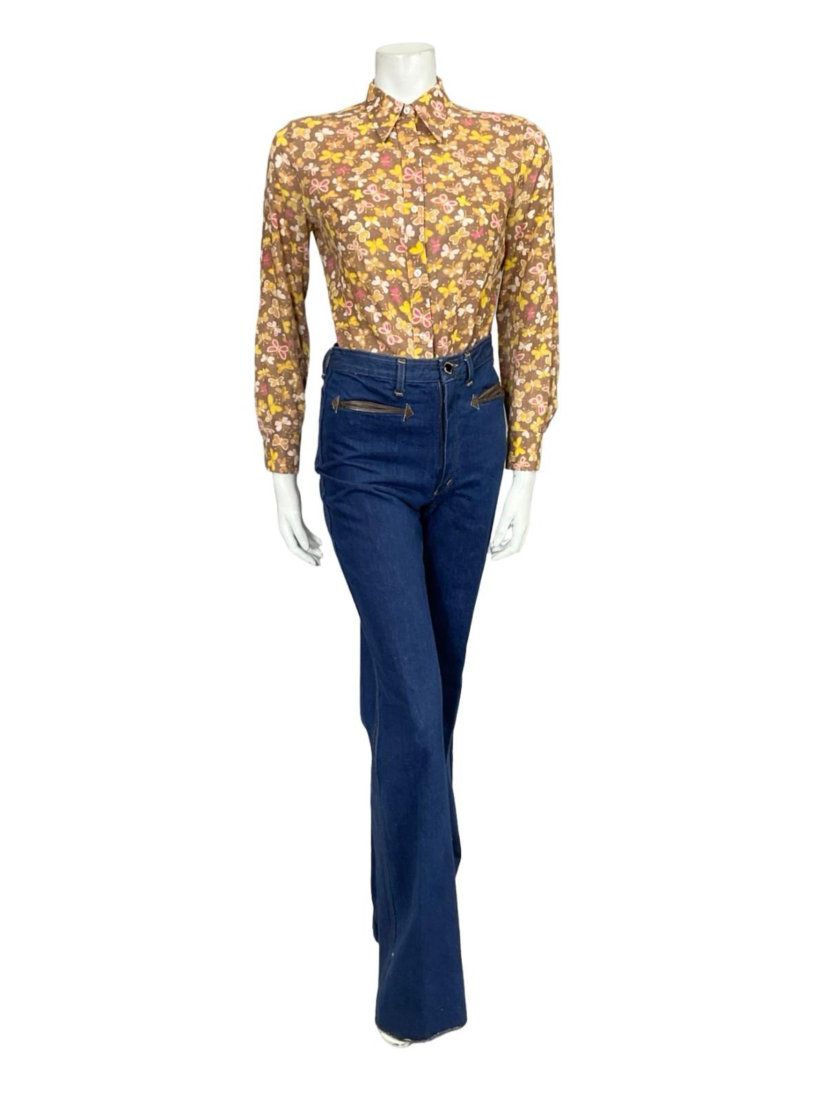 VTG 60S 70S YELLOW WHITE BROWN PINK BEIGE BUTTERFLY MOD DAGGER SHIRT 10 12