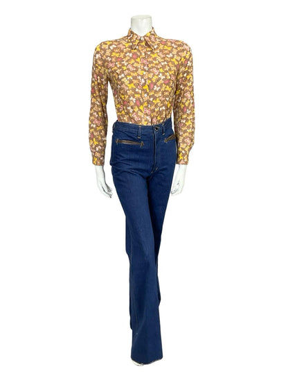 VTG 60S 70S YELLOW WHITE BROWN PINK BEIGE BUTTERFLY MOD DAGGER SHIRT 10 12